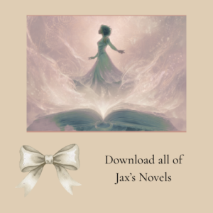 A woman rising triumphantly out of a book - Dowload all of Jax's novels - part of The Reflection Room membership offer